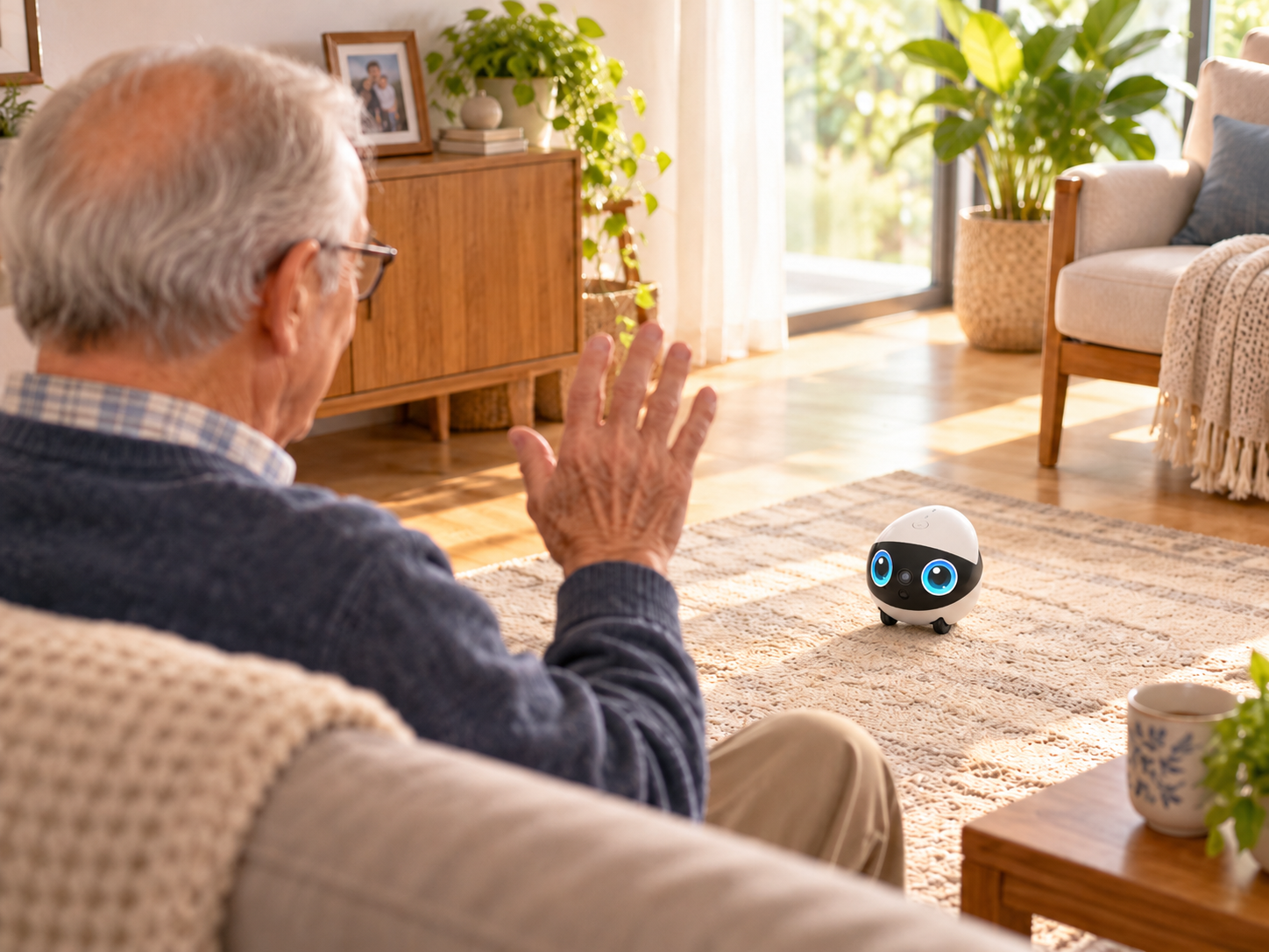 An older man waving at a small companion robot on the living room rug